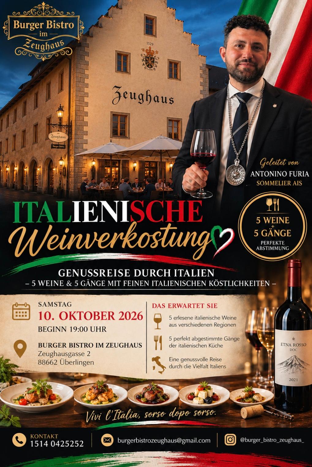 Plakat: Italienische Weinverkostung am 10. Oktober 2026 im Burger Bistrò im Zeughaus, 5 Weine und 5 Gänge, geleitet von Sommelier Antonino Furia